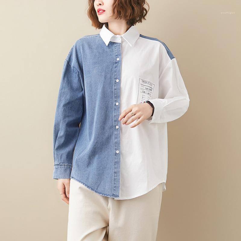 

Women's Blouses & Shirts #3160 Spring Autumn Spliced Color Denim For Women Oversized Loose Streetwear Jeans Female Vintage Casual, Blue