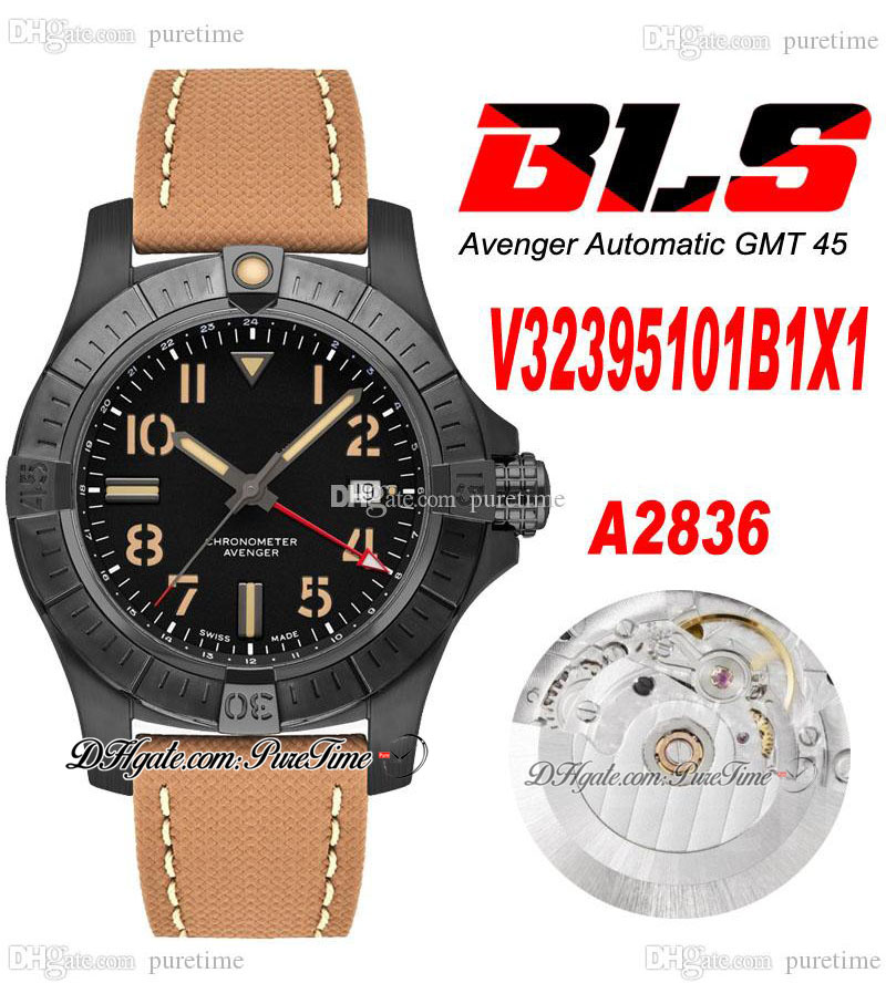 

BLS GMT 45mm Eta A2836 Automatic Mens Watch V32395101B1X1 PVD Steel Case All Black Dial Yellow Number Markers Nylon Leather Strap Super Edition Puretime 05d4
