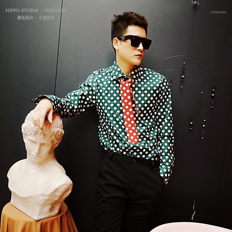 

XXL!!!!Personality Green Polka Dot Long Sleeve Shirt Korean Slim Hair Stylist Nightclub Singer Casual Shirt. Men's Shirts