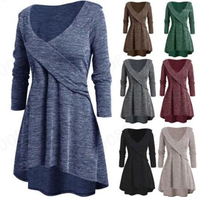 

Women's T-Shirt 2022 European And American Deep V-neck Long-sleeved Large Lapel Long Sweater Dress, Black