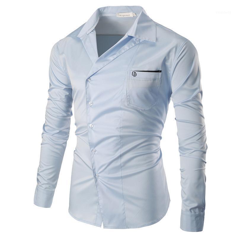 

Spring Autumn Mens Solid Color Pocket Decorative Long Sleeve Shirt Men Designer Casual Camisa Slim Fit Male Shirts 4colour Men's, Black