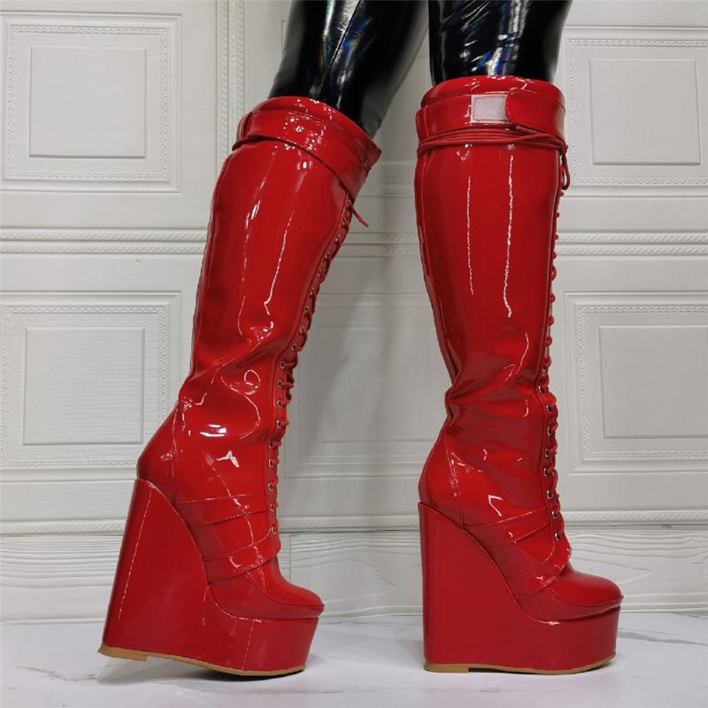 

Boots Ladies PU Shoes Red Sport Hnee High Round Toe Wedges Platform Women Fashion Comfot Buckle Cross Strp, As picture