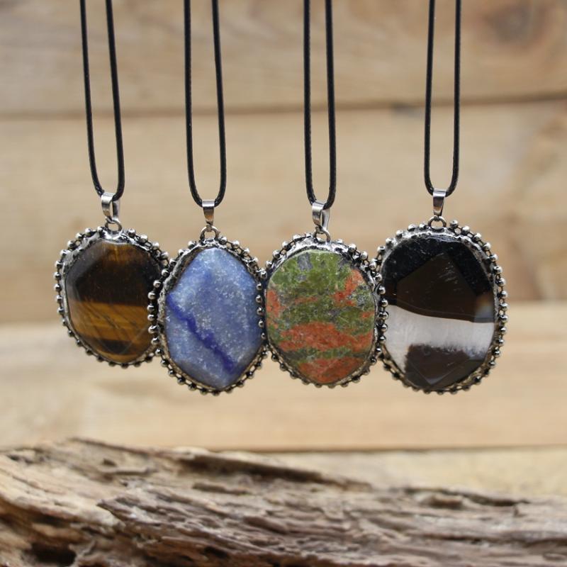 

Pendant Necklaces Soldered Gunmetal Bronze Bezel Faceted Slab Pendants Unakite Tiger Eye Geode Agates Charms Vintage Boho Jewelry QC3311Pend