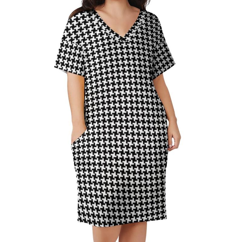 Plus Size Dresses Houndstooth Geometric Casual Dress Ladies Black Texture Kawaii Summer V Neck Street Wear Printed 5XLPlus
