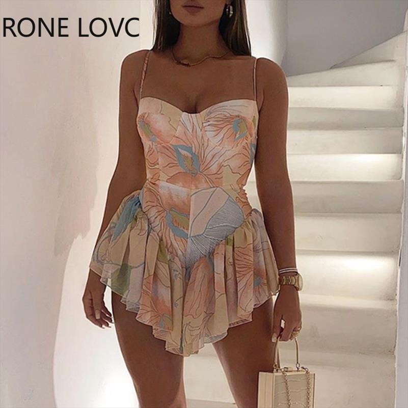 

Women Spaghetti Strap Casual Dresses Blooming Floral Print Ruffles Irregular Dress Mini Elegant Fashion Chic, Orange