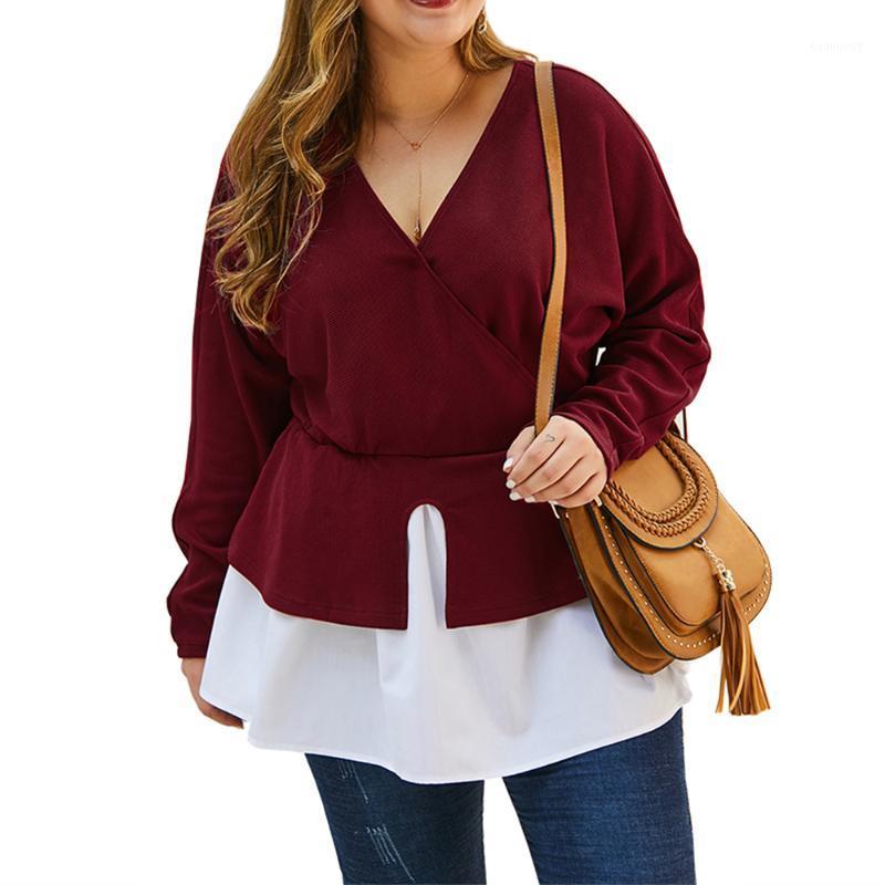 

Sexy V-neck Plus Size Blouse Winter Long Sleeve Knitted Shirts Blouses Casual Patchwork Hem Ladies Tops Blusa Feminina D30 Women's &, Apricot