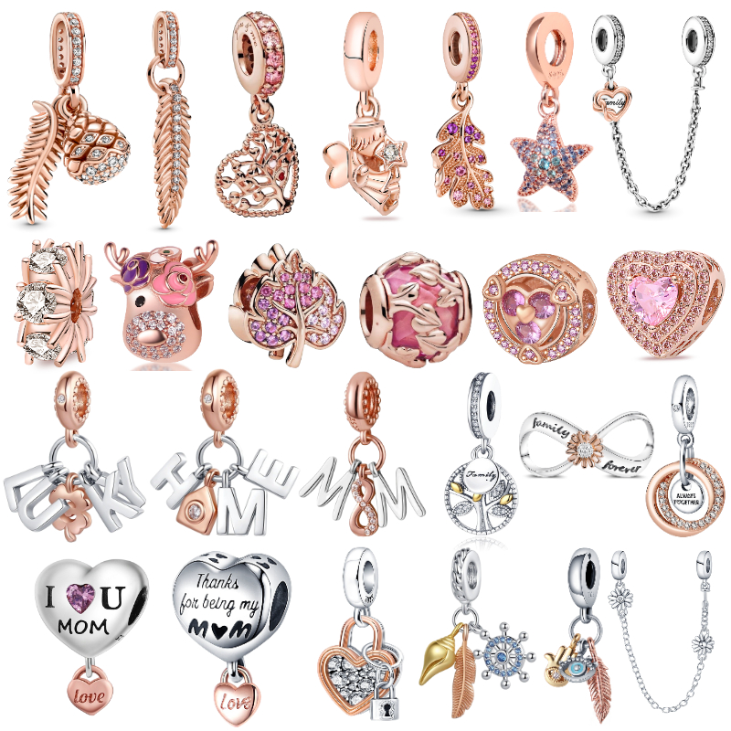 925 Sterling Silver Dangle Charm Dangle Charm Pendant Heart Shape Leather Maple Rose Gold Bead Fit Pandora Charms Bracelet DIY Jewelry Accessorie