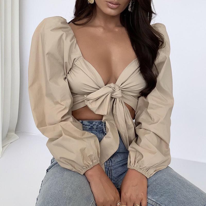 

Women' Blouses & Shirts Sexy Elegant Bandage Puff Sleeve Crop Top Women Long V Neck Solid Slim Fit Blouse Spring Autumn Lady Exposed Navel, Khaki