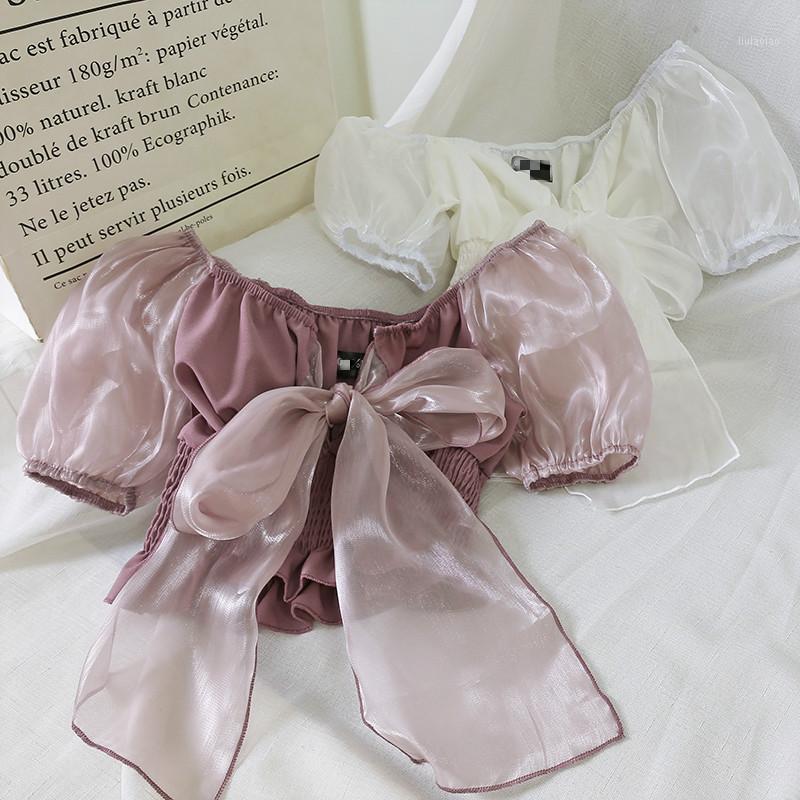 

Sexy Bowknot Women Blouse Summer 2022 O-Neck Puff Sleeve Blusa Sweet Solid Female Tops Women's Blouses & Shirts, Purple