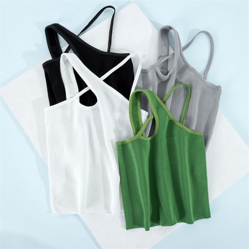 

Sexy Cross Camis Slim Female Camisole Summer Hollow Out Streetwear Sleeveless Solid Color Cotton Basic Women Crop Top 220318, Green camis