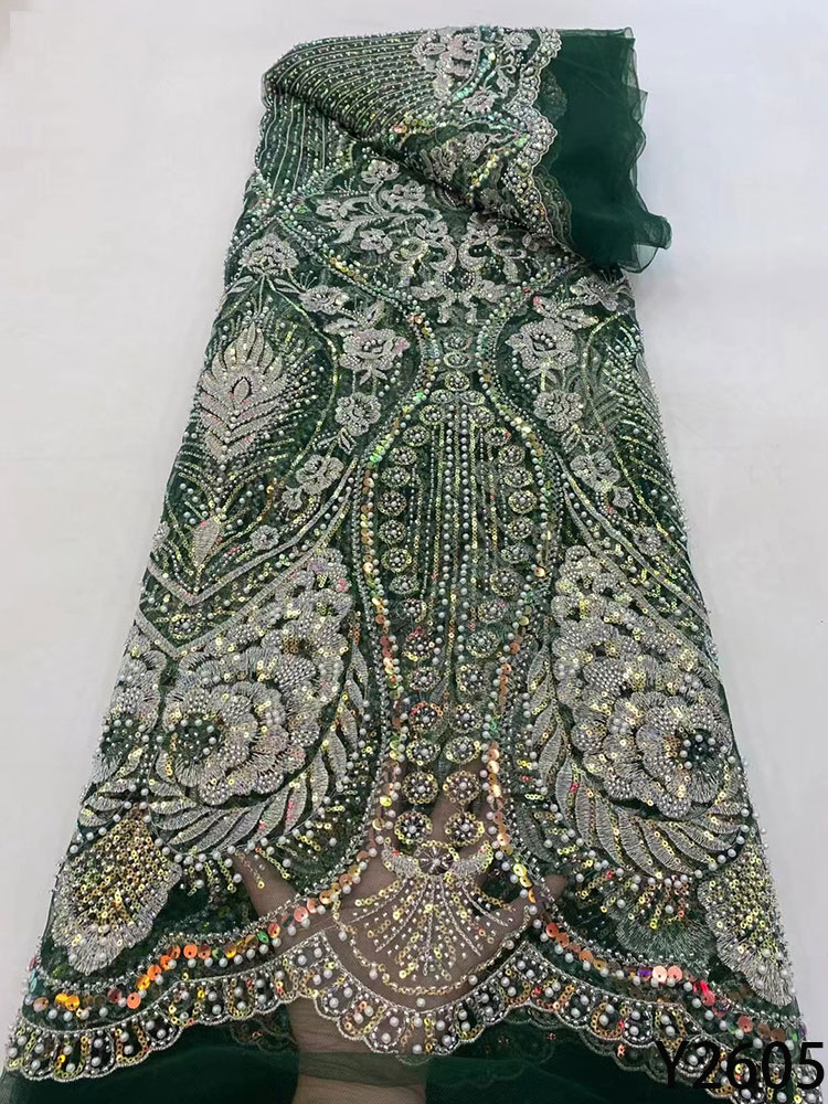 

2022 Luxurious Sequence Fabrics Nigeria Lace Embroidery Mesh Fabric 3D Beaded African Wedding Fabric Y2605