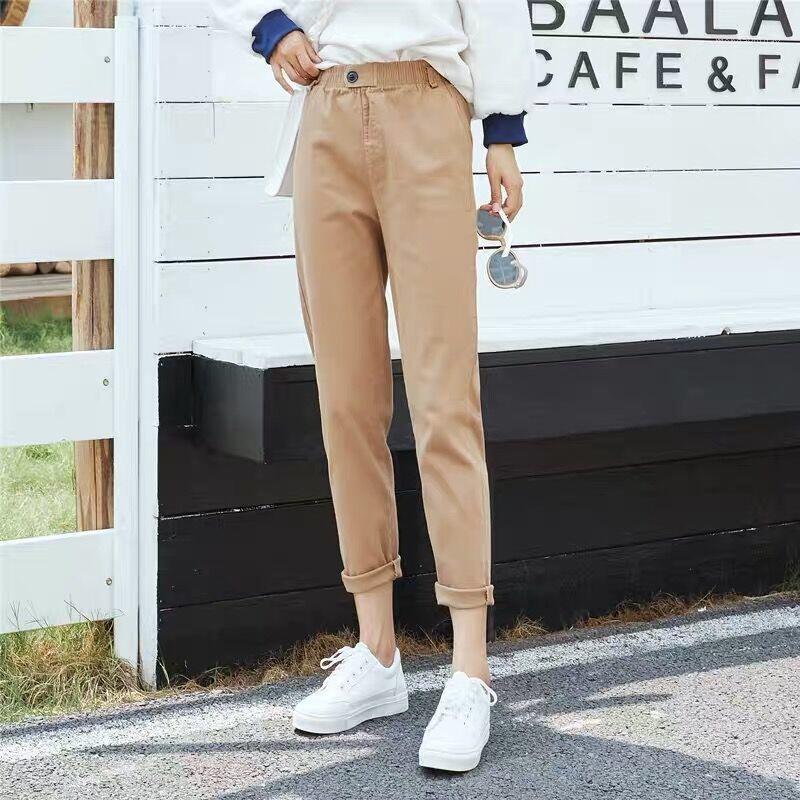 

Women' Pants & Capris Summer Black Harem Women Khaki Cotton Solid Elastic Waist Soft Streetwear Trousers For Female Mujer Pantalone