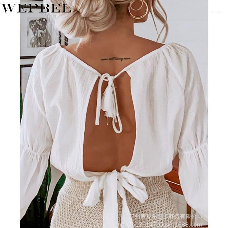 

Women' Blouses & Shirts WEPBEL Sexy Backless Lace Up Casual Bandage Solid Color Loose Shirt Summer Flared Sleeves, White