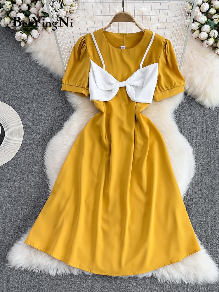 

Casual Dresses Beiyingni 2022 Summer Elegant Short Sleeve Dress Women Bow Tie Kawaii O-neck Sweet A-line Midi Sashes Kpop RobeCasual, Black
