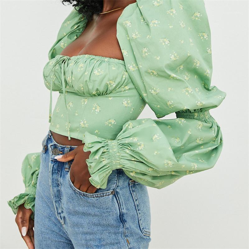 

Women' T-Shirt Women Square Collar Pullover Crop Tops Fashion Spring Autumn Floral Printed Pattern Long Flared Sleeves / M/ L, Black