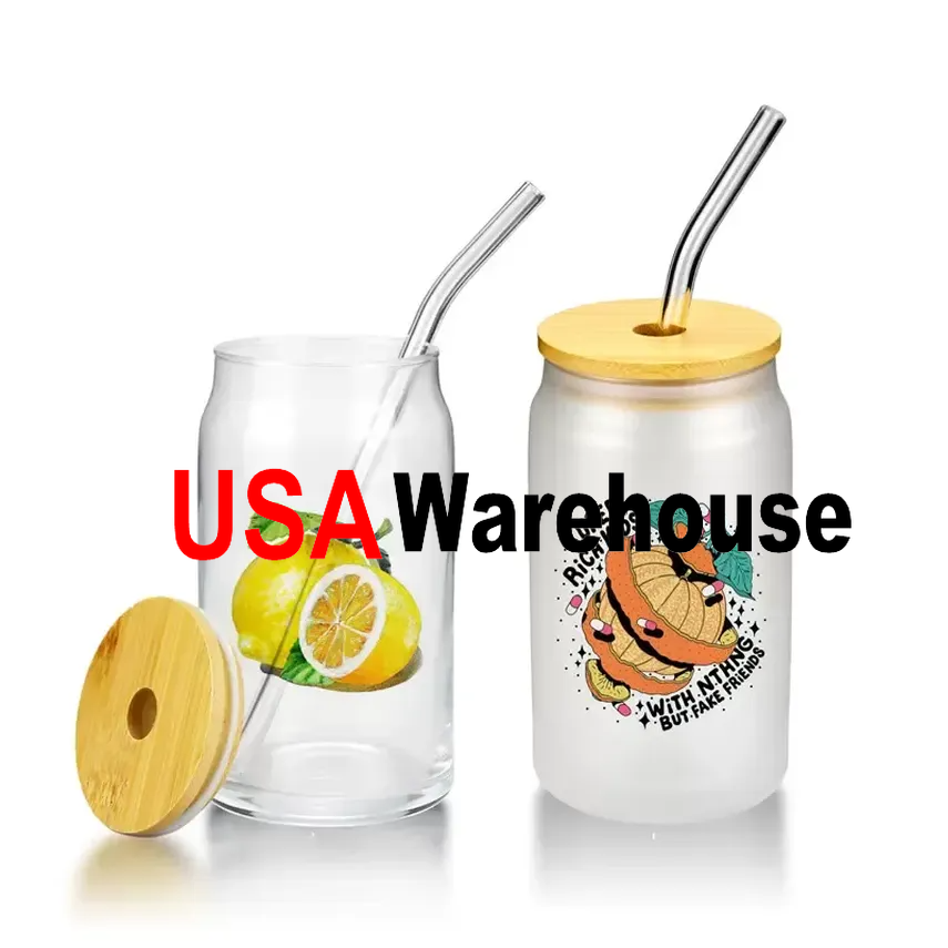 

15oz Sublimation Glass Beer Mugs Bamboo Lid Straw DIY Blanks Frosted Clear Can Shaped Tumblers Cups Heat Transfer Cocktail Iced Coffee Soda Whiskey Glasses sxa14