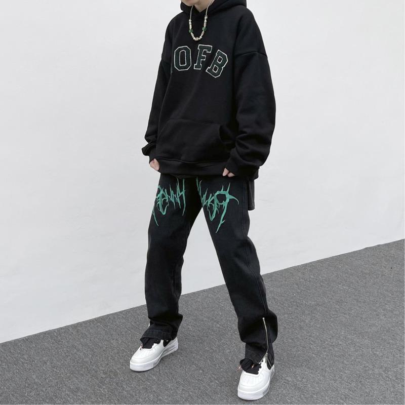 

Men's Jeans Y2K Printed Baggy Men 2022 Streetwear Hip Hop Zipper Denim Pants Retro Boyfriend Egirl Straight Trousers, Black