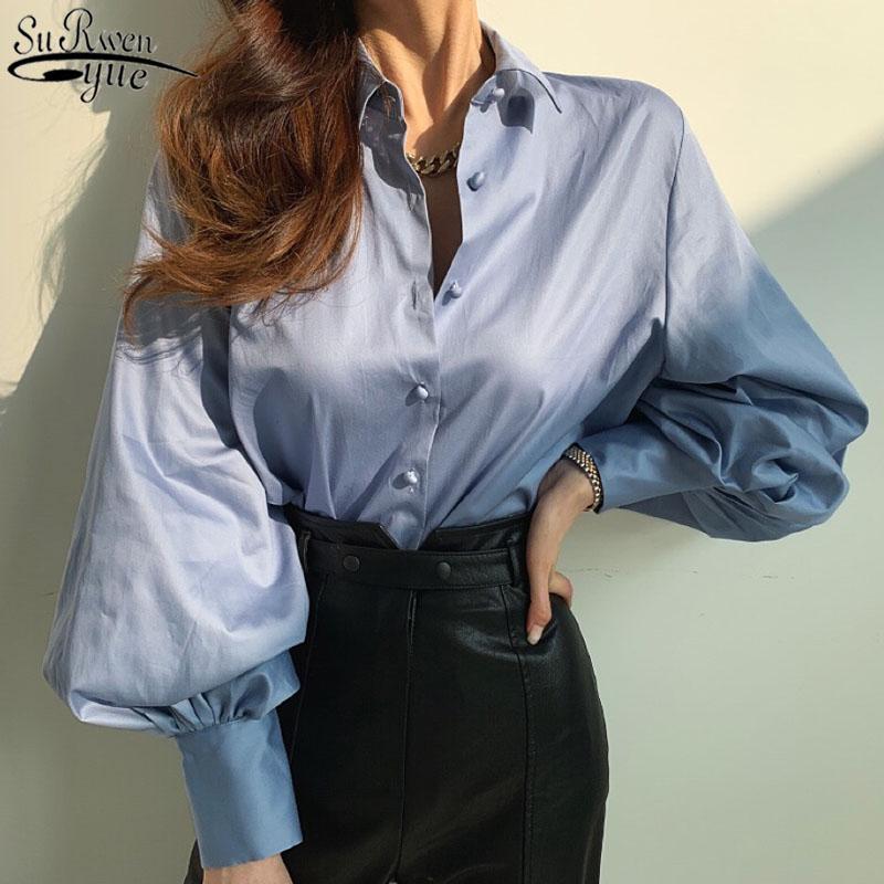 

Women's Blouses & Shirts Fashion Korean Lantern Sleeve Women Blouse And Tops Office Lady Solid Cotton Turn Down Collar Female Clothing 12713, White