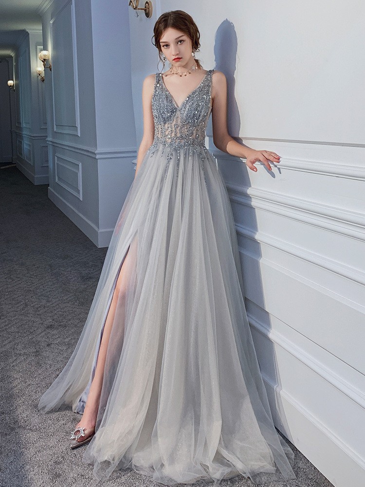 

Designer Luxury V Neck Evening Dresses Beadings Sequined High Side Split Prom Gowns Elegant Tulle Backless Formal Dress Party Gowns, Red