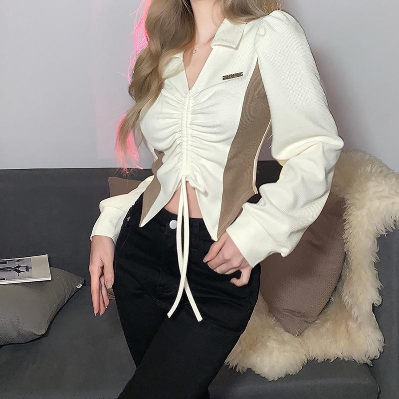 

Women' T-Shirt Women' Pure Color Slim Body Crop Fashion Lapel Pleated Long Sleeve WomenWomen, Beige