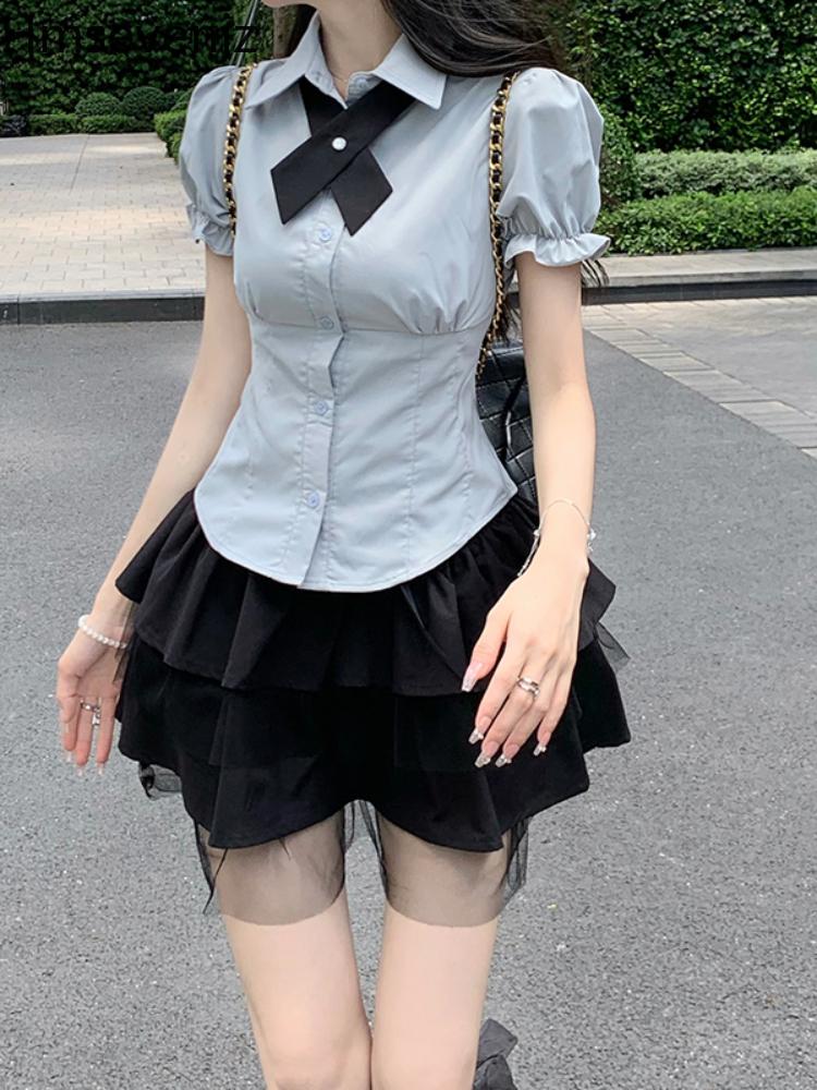 

Women' Blouses & Shirts Hmsevenjz Gray Shirt Collar Short-sleeved Blouse Black Skirt 2 Piece Set Women Summer Skirts Sets Outfit StudentWom, Grey blouse