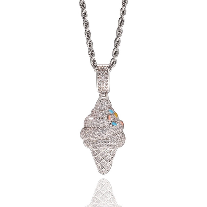

Hip Hop AAA Cubic Zirconia Bling Iced Out Silver Color Ice Cream Pendants Necklace for Men Women Fashion Jewelry Drop Shipping 201014