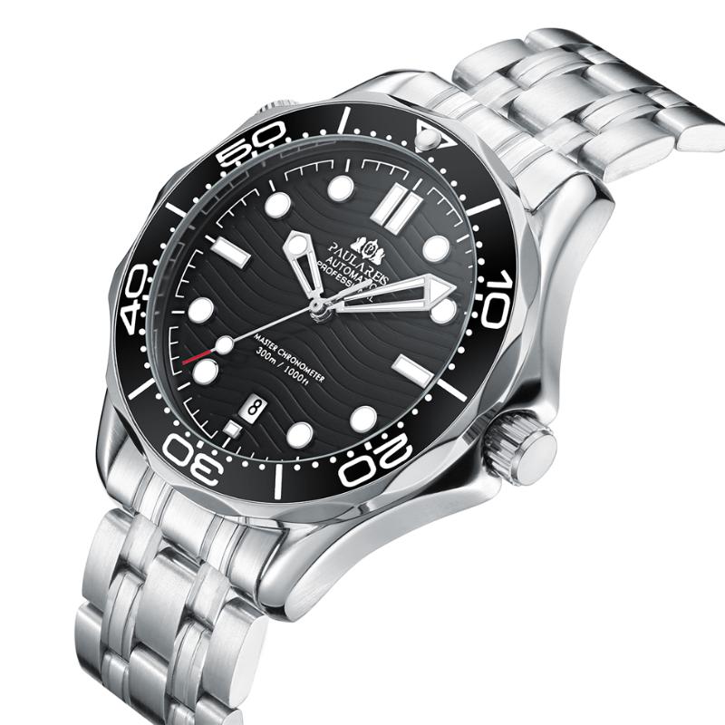 

Wristwatches Automatic Self Wind Mechanical Stainless Steel Strap Casual Yellow Gold Silver Blue Bezel Master Wave Men Watch, Silver black wind