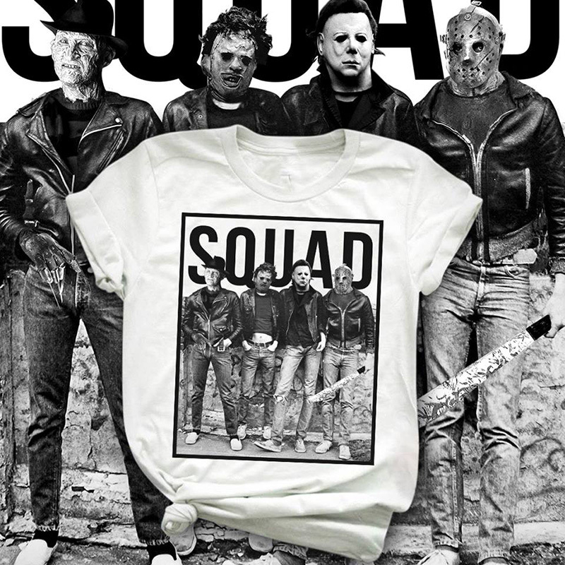 

Horror Squad Freddy Krueger Michael Myers Jason Voorhees T Shirt Unisex Cotton TShirt Men Casual Streetwear Hip Hop Men Women Fashion T-Shirt, White