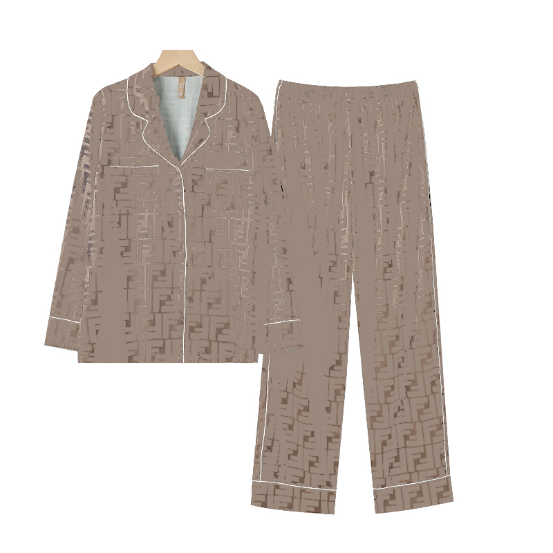 

HIGH STREET Newest 2022 F letter Designer couple pajamas women's real silk long-sleeved suits ice silk home clothes summer two-piece suit, Brown