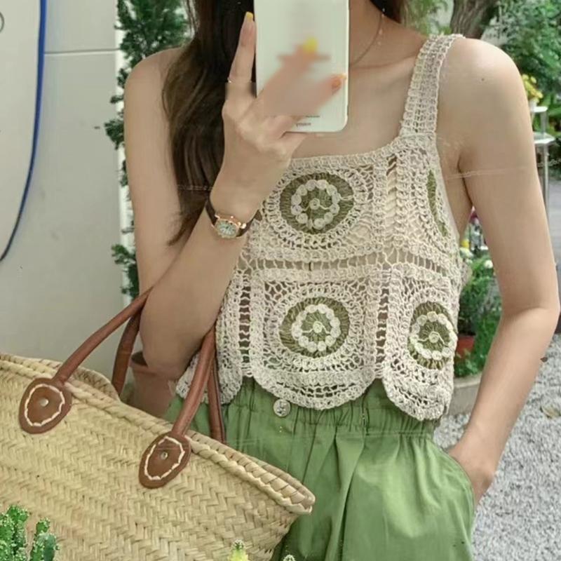 

Women's Tanks & Camis Women Ethnic Hollow Crochet Sleeveless Camisole Knitted Plaid Circle Flower Pattern Loose Crop Top Wave Hem Beach Cove, Beige