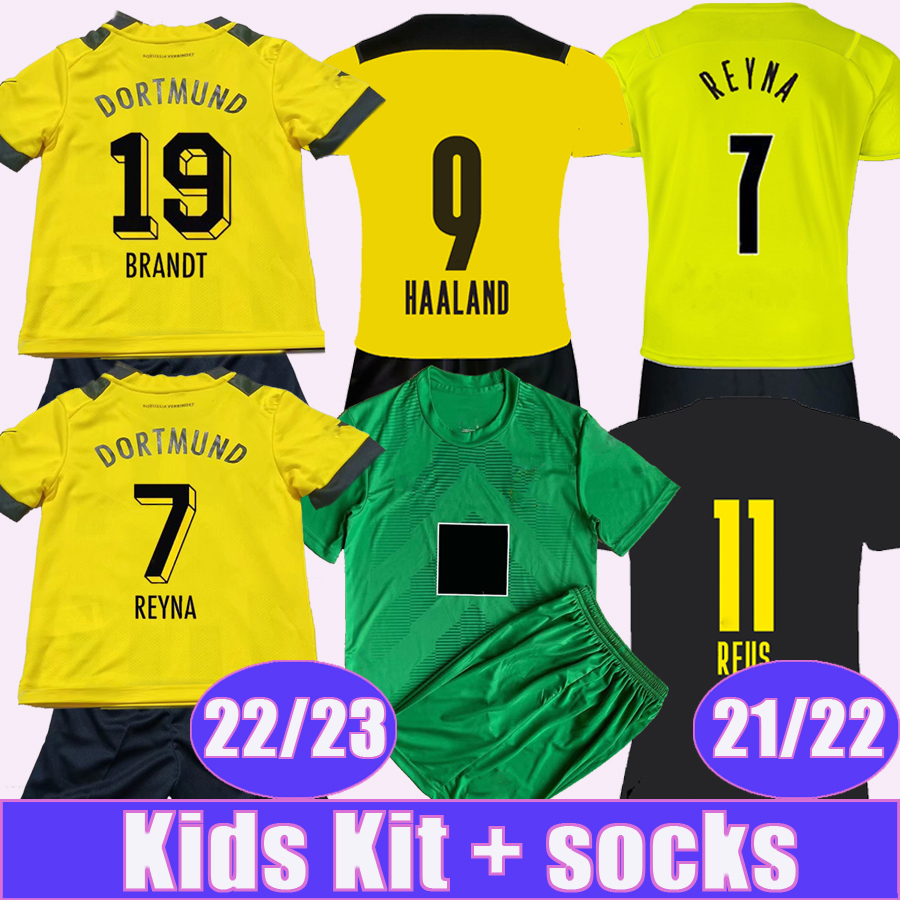 

21 22 23 REUS HAZARD Kids Kit Soccer Jerseys HAALAND BRANDT SCHMELZER WOLF Home yellow Away Black Goalkeeper Child Clothing Football Shirt Short Sleeve Uniforms, Tz4272 21 22 away have socks