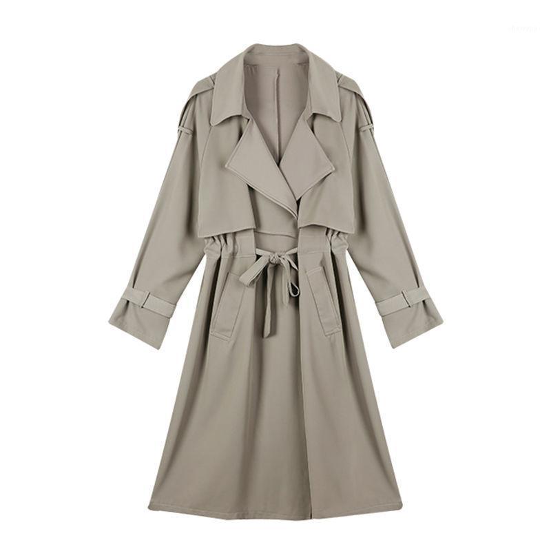 

Women's Trench Coats Spring Autumn Women Fashion Turn-down Collar Long Sleeve Lace-up Office Lady Solid Loose High Street Jacket, Black