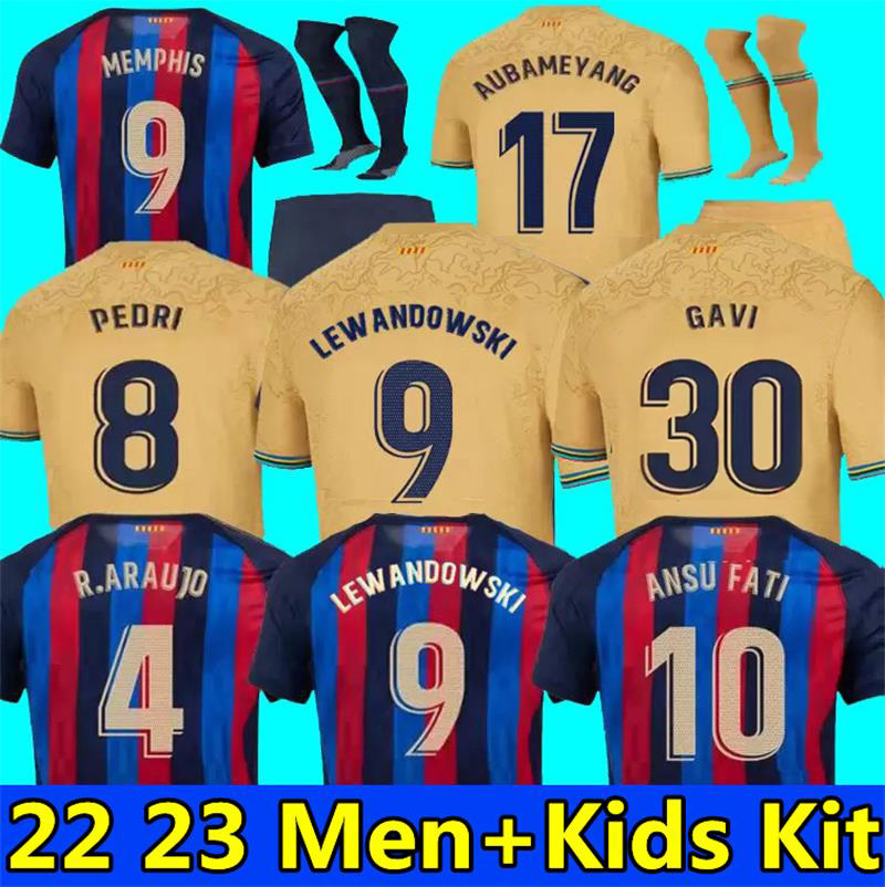 

22 23 LEWANDOWSKI Jerseys Memphis Depay GAVI 2022 2023 Soccer Jersey camiseta de football FC ANSU FATI F. DE JONG PEDRI Kessie Raphinha FERRAN shirt kids kit socks, 22-23 home kids
