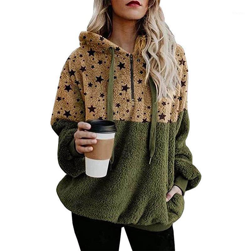 

Winter Women Fur Sweatshirts Warmer Hoodie Star Pattern Patchwork Plush Fashion Tops Long Sleeve Casual Loose Zip Up Coat Women' Hoodies, Black