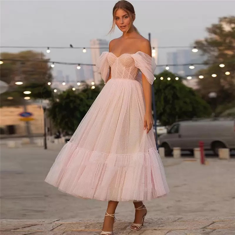 

Puffy A Line Dot Tulle Prom Dresses Blush Pink 2022 Tea Length Off Shoulder Elegant Reception Party Dress Engagement Gowns, Daffodil