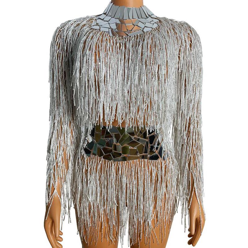 

Stage Wear Flashing Mirror Shoulder Silver Fringe Dress Leotard Birthday Celebrate Costume Dancer Tassels Bodysuit Outfit XS2374Stage, 1 pc dress