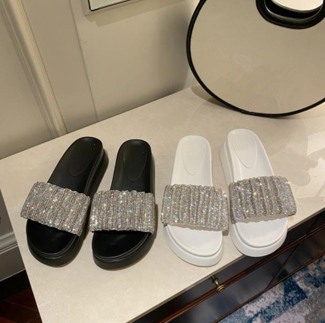 

Rhinestone Sandals Women's Summer New Thick Bottom Flip Flops Flat Shoes, White