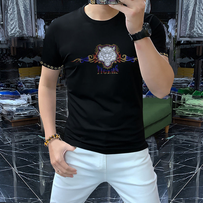 Mercerized cotton Men's T-Shirts 2022 Summer New Fashion Tees Tiger Pattern Hot Diamond Design Short Sleeve Round Neck Slim Black White Clot