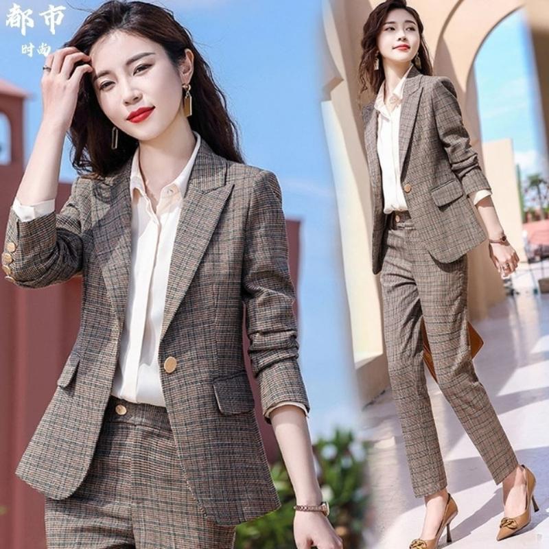 

Women' Two Piece Pants Gray Coffee Plaid Suit Trousers Two-piece 2022 Winter Fashion Temperament Formal Jacket Casual Office Professional W, Gray pant suits