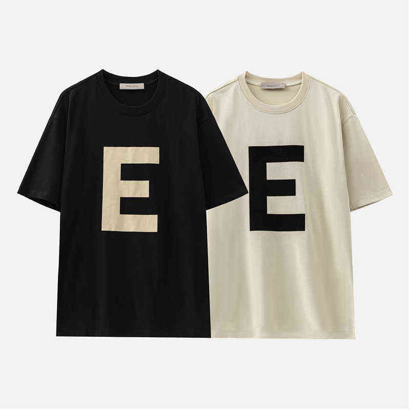 Fashion Essentials Designer Couples t shirts Fog Double Thread Letter e Flocking American Loose High Street Men's and Women's Short Sle