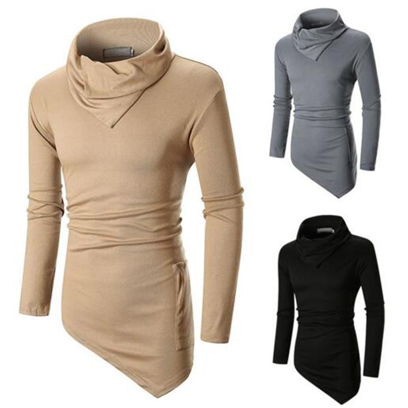 

Men's T-Shirts Fitness Casual Streetwear Tshirt Men High Collar Long Sleeved Tshirts Top T Shirt Hem Irregular Design GotMen's, Black