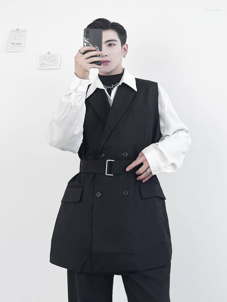 

Men' Vests Korean Sleeveless Double Breasted Suit Vest Early Spring Small Temperament Fashion Trend Collar Loose Lace Up Coat Kare22, Black