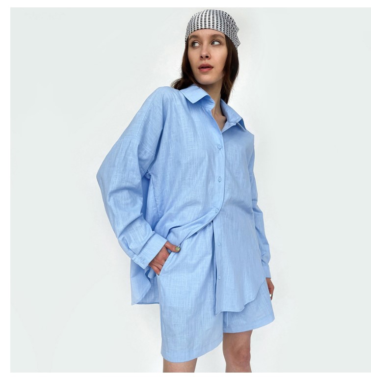 

Women's Tracksuits Drawstring Women Linen Shorts 2 Piece Set Casual Oversize Shirts And Wide Leg Shorts Suits Solid Summer Loose Outfit, Blue
