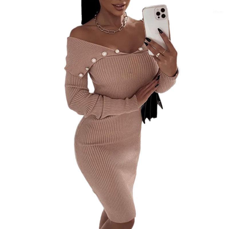 

Casual Dresses Women Sexy Off Shoulder Slash Neck Slim Dress Autumn Long Sleeve Button Knitted Package Hip Bodycon Party Pencil Vestidos, 211021 brick red