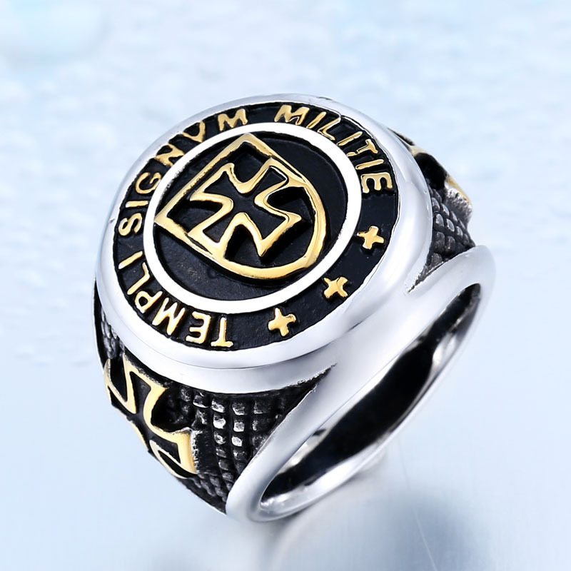

high quality stainless steel ring Between gold punk men's soldiers knights templar regalia sword Shield cross clear letter jewel