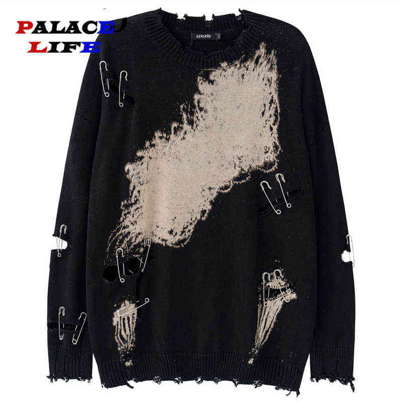

Harajuku Oversize Casual Cotton Male Pullovers Autumn Men Hole Ripped Knitted Jumper Sweaters Hip Hop Tie Dye Streetwear T220730, Black