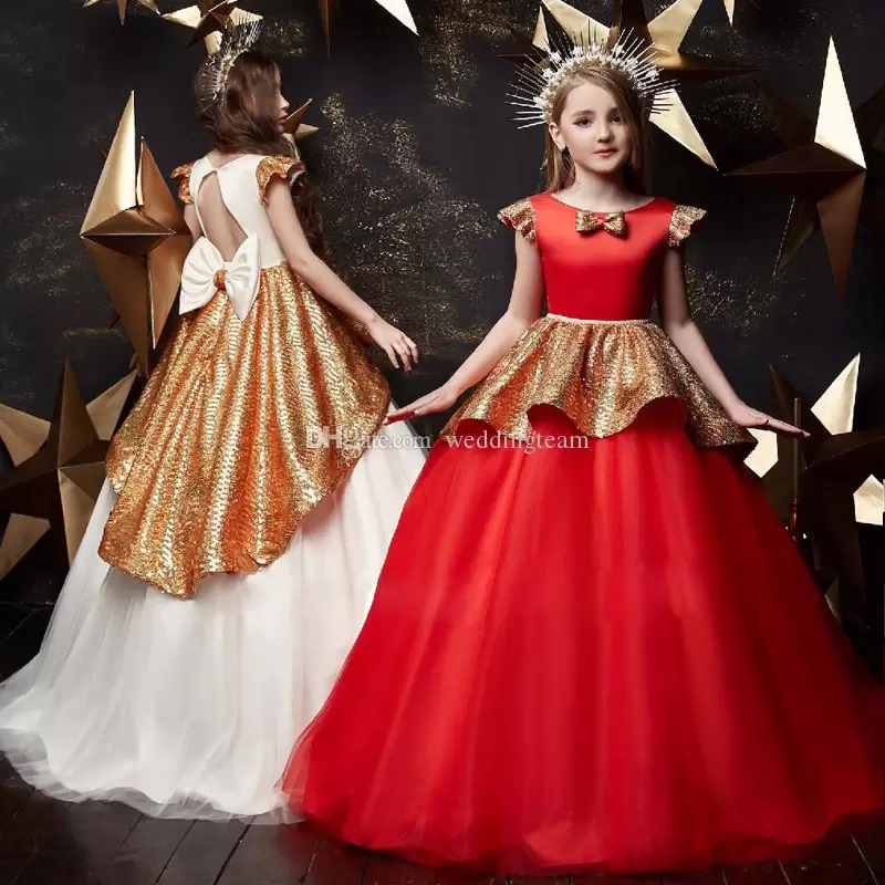 

New Stylish Sequined Backless Flower Girl Dresses For Wedding With Bow Tie Bateau Neck Toddler Pageant Gowns Floor Length Kids Prom Dress, Custom made from color chart