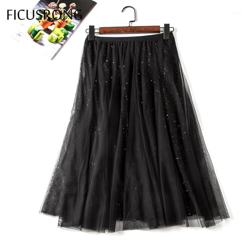 

Skirts 2022 Women Sequined Lace Midi Elastic Waist Solid Skirt Ball Gown Patchwork Casual Embroidery Mid-calf Natural FICUSRONG, Black