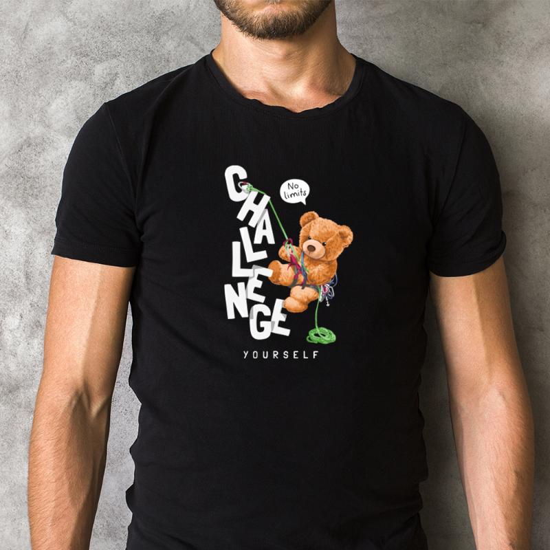 

Men' T-Shirts Cotton Bear Printed Challenge Yourself Tshirt Streetewear Quality Fashion Tee Man Women Present Fabric Clothing, As pic
