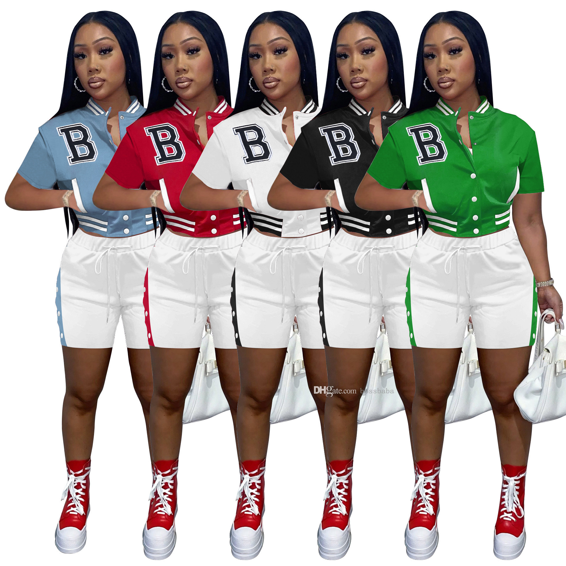 

Womens Tracksuits 2022 Summer Short Sleeve Pants Set Varsity Letter Printed Splicing Two Piece Baseball Jogging Suits, Style a